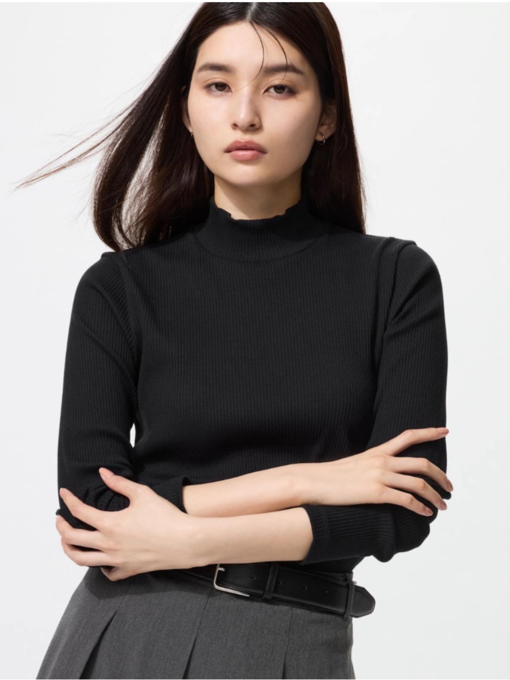 Uniqlo, Ribbed High Neck Long Sleeve T-Shirt, Small, Black